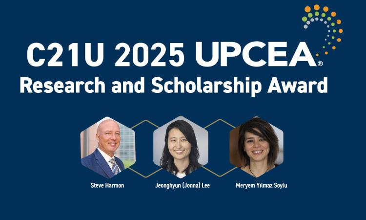 C21U 2024 UPCEA Research and Scholarship Award with the portraits of Harmon, Lee and Yilmaz Soylu.