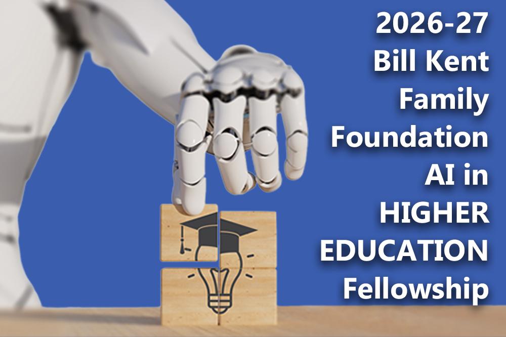 Robotic hand stacking education-themed blocks beside AI fellowship title.