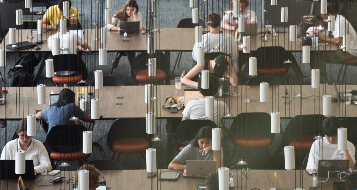 Students in the main study area of the GT Library.